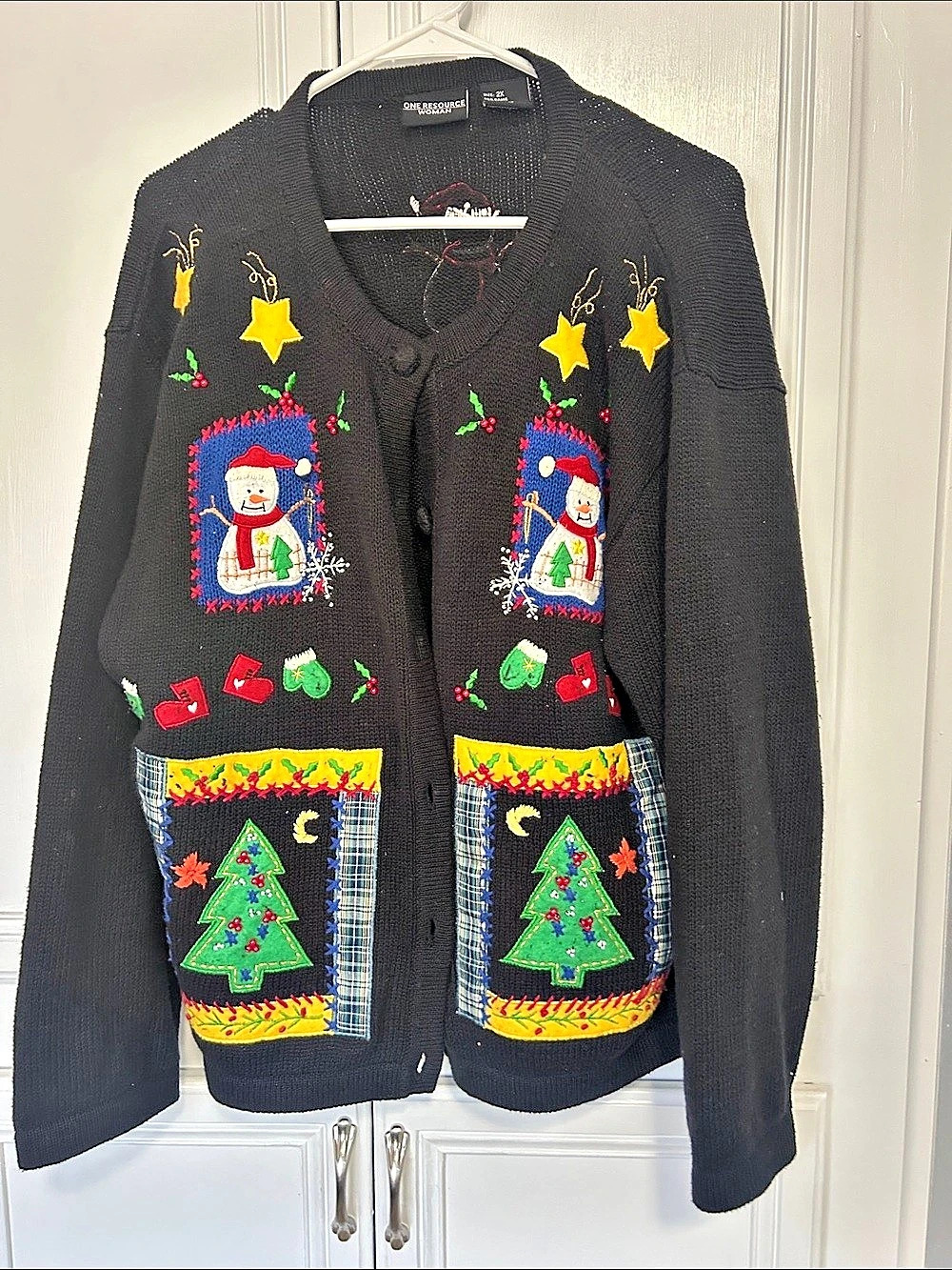 One Resource Woman Holiday Christmas Cardigan Black Red Size 2X Like New
